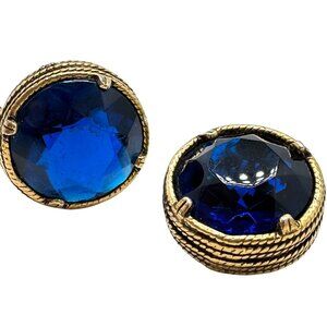 Cobalt Blue Earrings Vintage Crystal Textured Gold Tone Round Clip-On